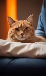 the cat is resting on the pillow and looks at the camera man