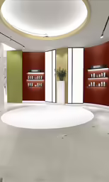 a photo of an empty retail space with a large round window