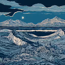 night sky over mountains and lakes with blue moon lit,a stylized, mountain scene with clouds and stars