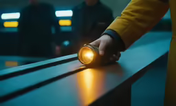 a hand holds a flashlight while a group of people are in the background