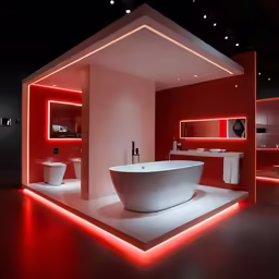 a white tub sitting in a bathroom with red lighting on the walls