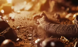 someone is sitting down holding their hand over a pile of garbage