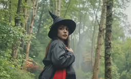 a young woman is wearing a witches hat and a coat