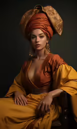 an african american woman wearing a brown and orange dress