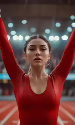 a woman with her arms up at the waist, on a track