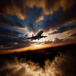 a plane flying through the clouds at sunset