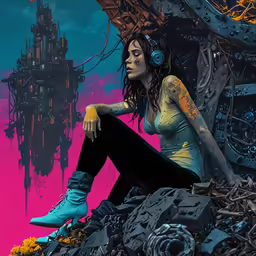girl wearing headphones sitting on top of a pile of rubble