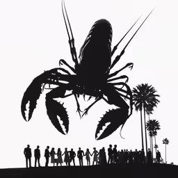 large group of people standing in silhouette as an adult giant lobster eats food