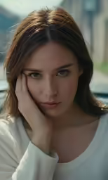 a beautiful woman leaning her head on her hand
