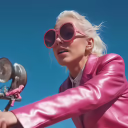 a woman in pink holding up a bicycle helmet