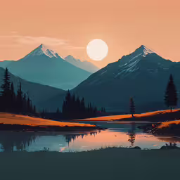 a sunset over a lake with mountain peaks in the background,the sun is rising behind a mountain and forest