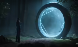 woman standing in front of large ring structure
