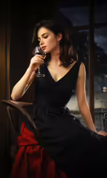 a woman in a dress and glasses of wine