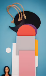a woman standing in front of several colorful paper pieces
