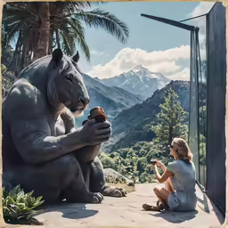 a girl kneeling down looking at a big stuffed tiger