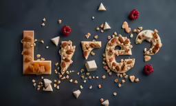 a large amount of nuts and cheese are written out on a gray surface