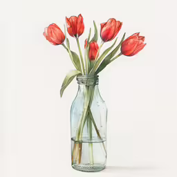 red tulips are in a mason jar on a table,a vase of red flowers in water is being drawn on paper