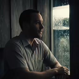 man in white shirt and black pants leaning on window sill in dark room