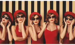 a bunch of women in red dresses and hats