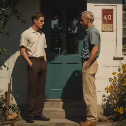 two young men are standing in front of a door