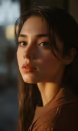 a woman looking off into the distance while wearing brown