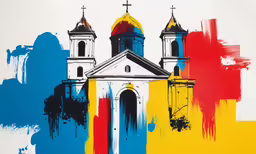 the paint splattered image has three large towers on them