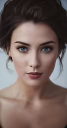 a woman with blue eyes has a very short hair