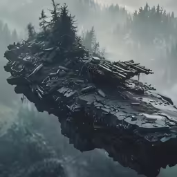 a strange looking flying ship in a dense forest