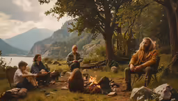 several people gather together around an open fire while sitting on some lawn chairs