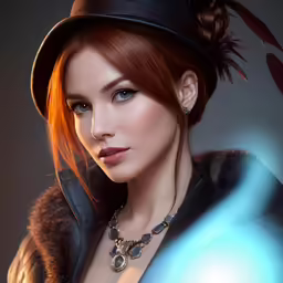 a girl wearing a hat and fur coat with a feather