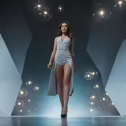the model in a gray swimsuit with thigh high slit