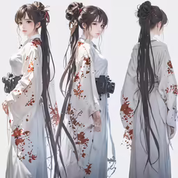 three woman with long hair in various outfits