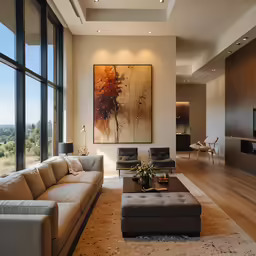 a living room has an ottoman and couches in it