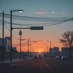 street lights in the foreground with cars at dusk