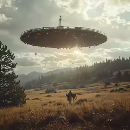 a man riding a horse next to an alien hovering over a forest