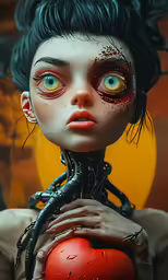 a doll with her head covered in blood