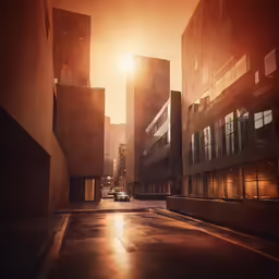 an empty city street with the sun setting on it