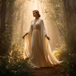 a woman in a gown with a golden cape in a forest