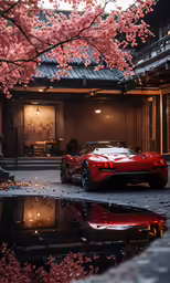 a car is shown under some pink blossoms