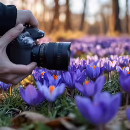 a person taking pictures with a camera through some flowers