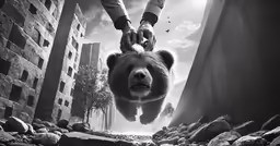 there is a bear hanging upside down from the building