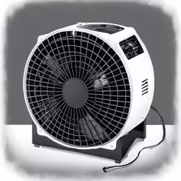 a white and black fan sits on a counter top