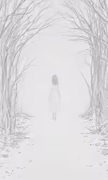 a drawing shows the white snow covered ground and branches, with a woman in an open - mouthed coat, who is walking out of frame through the snowy trees