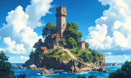 an animated castle sits upon a mountain with the ocean below