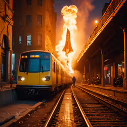 a yellow train on a railroad track with a lightening flare coming from its top,train going down the tracks at night with a bright light on top