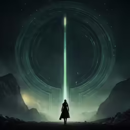 the movie poster shows a woman standing at a futuristic gate