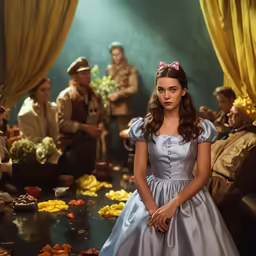 a woman in a blue dress stands near the table full of food
