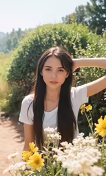 a girl sitting outside in the middle of yellow flowers