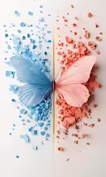 two butterflies, one blue and the other pink are placed beside each other