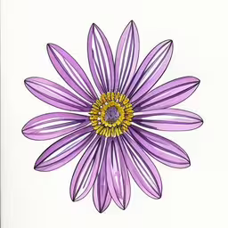 a painting of a purple flower with a yellow center,a drawing of a single flower with an orange center
